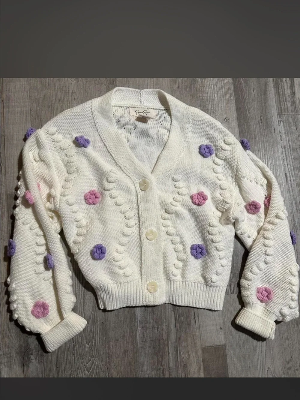 Jessica Simpson Cream Cropped Cardigan with Pink & Lavender Flower Appliqués